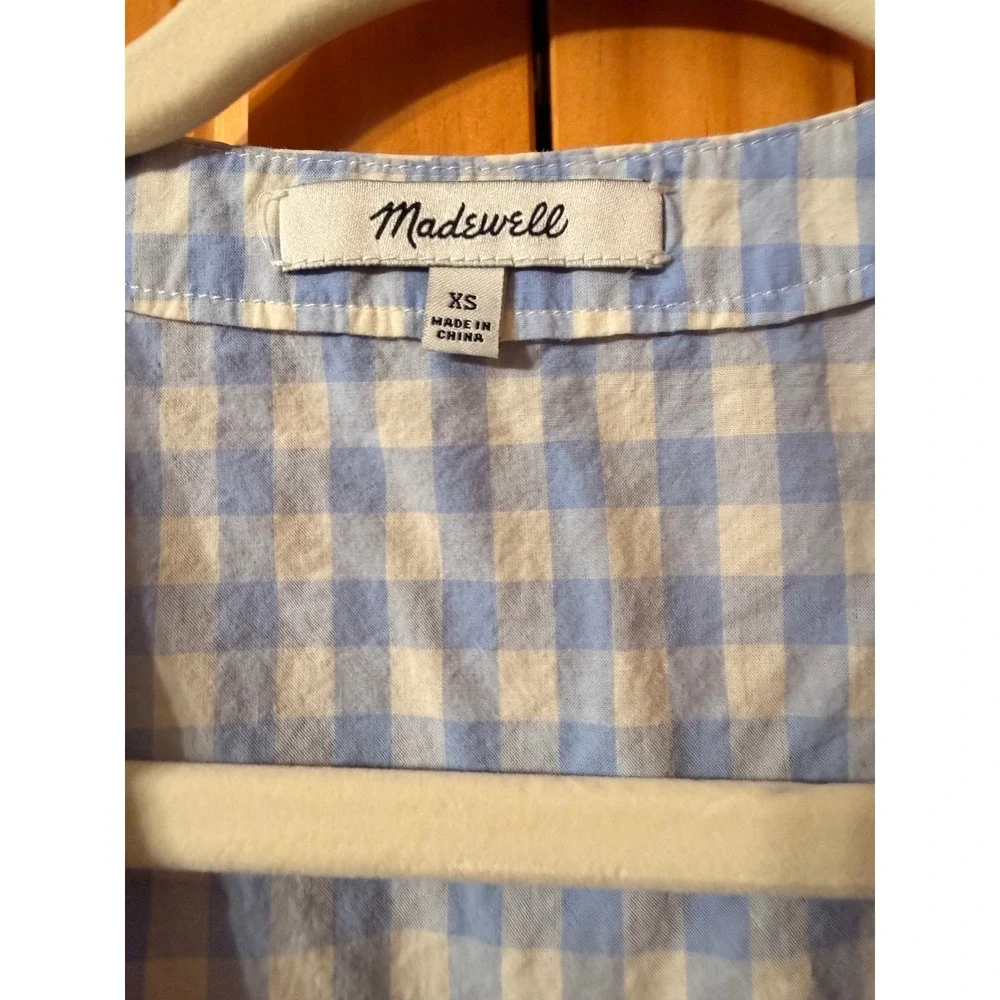 Madewell Gingham Peplum Top XS Blue White Bubble Puff Sleeve Faux Wrap‎ Blouse